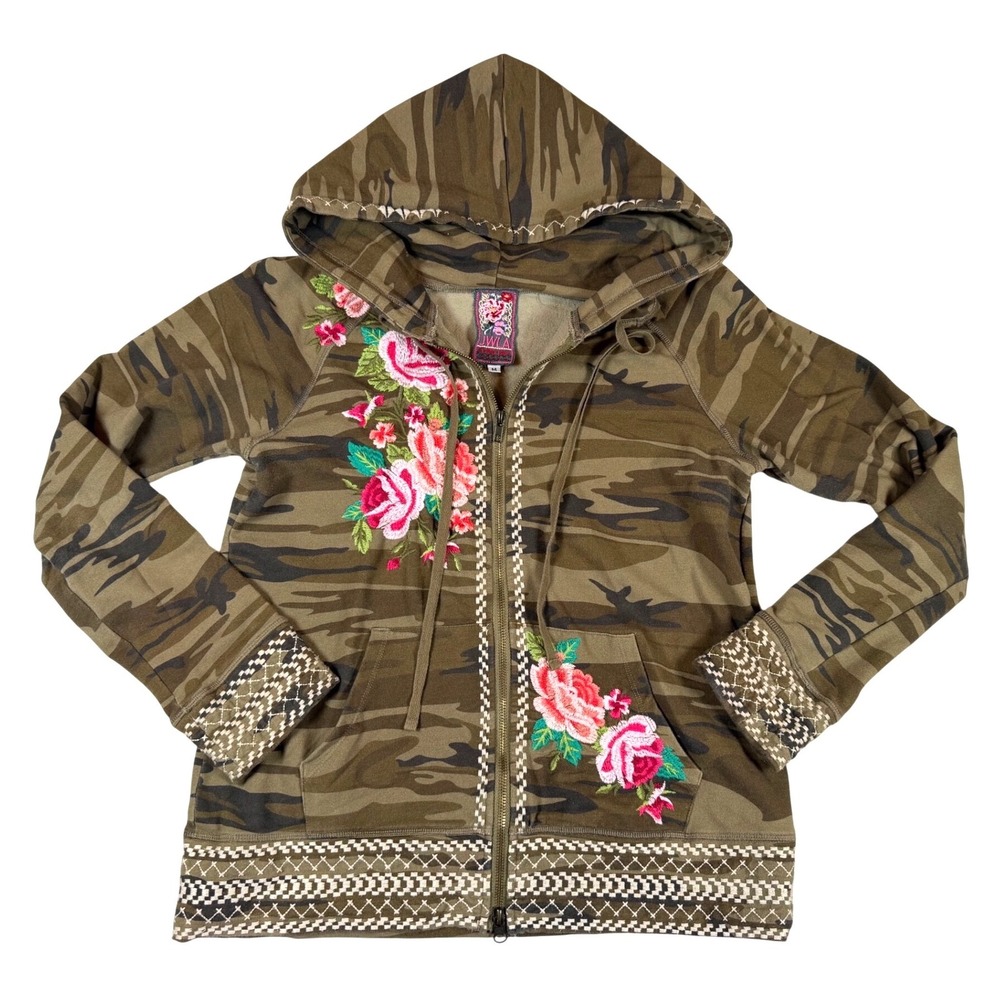 JWLA Johnny Was Camo Floral Embroidered Zip Up Hoodie Jacket Green 3837JW M